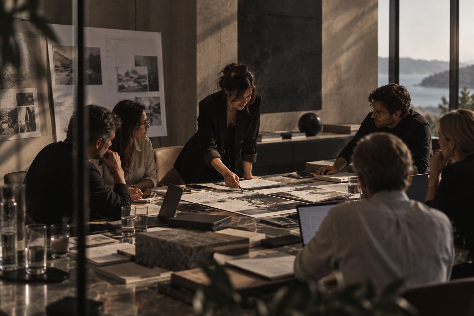 A strategy session around a table of plans, overlooking the sea