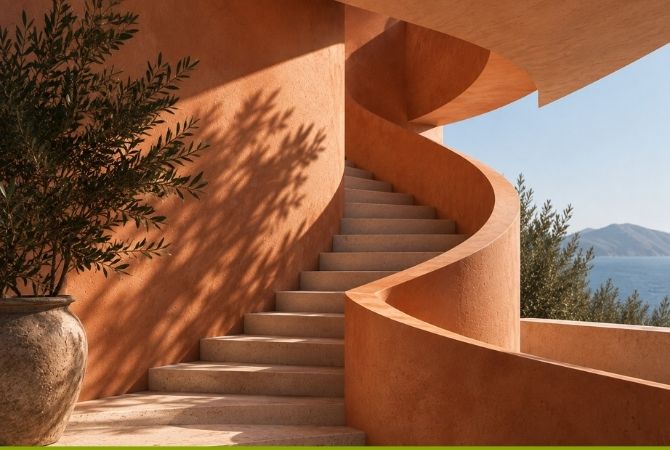A sculptural terracotta staircase symbolising change