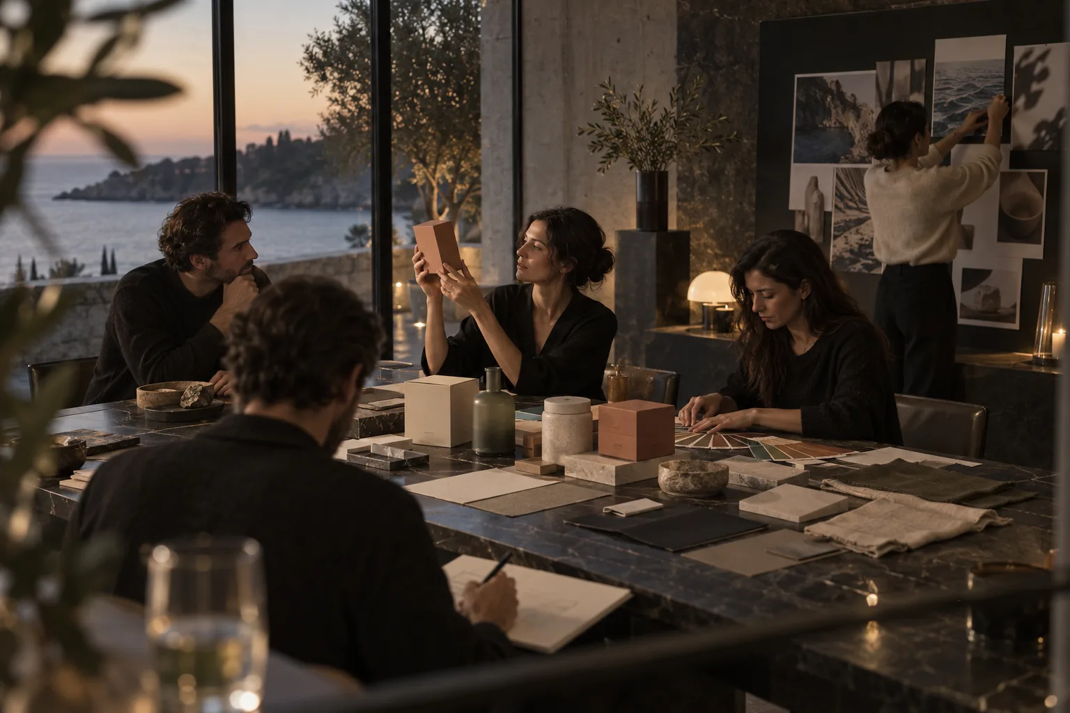 A creative team reviewing material samples and brand studies