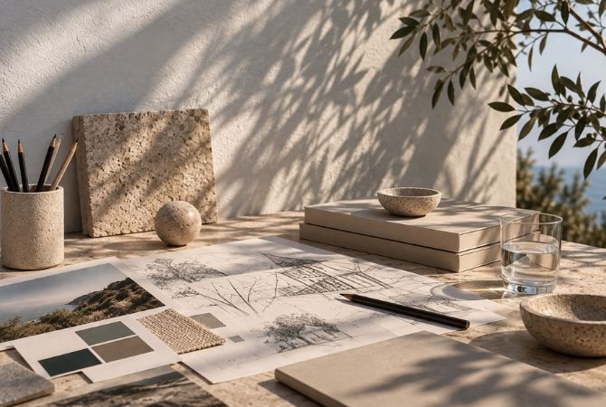 Architectural plans and material studies on a creative worktable